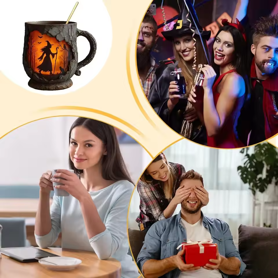 Halloween 3D Kézműves Bögre – Boszorkány és Macska Dizájnnal